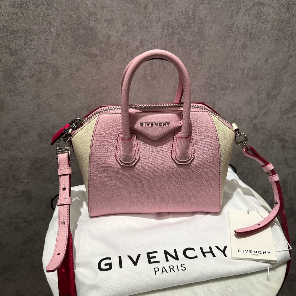 AUTH GIVENCHY PARIS PINK WHITE BICOLOR LEATHER MINI PANDORA BAG TOTE ZIP BAG